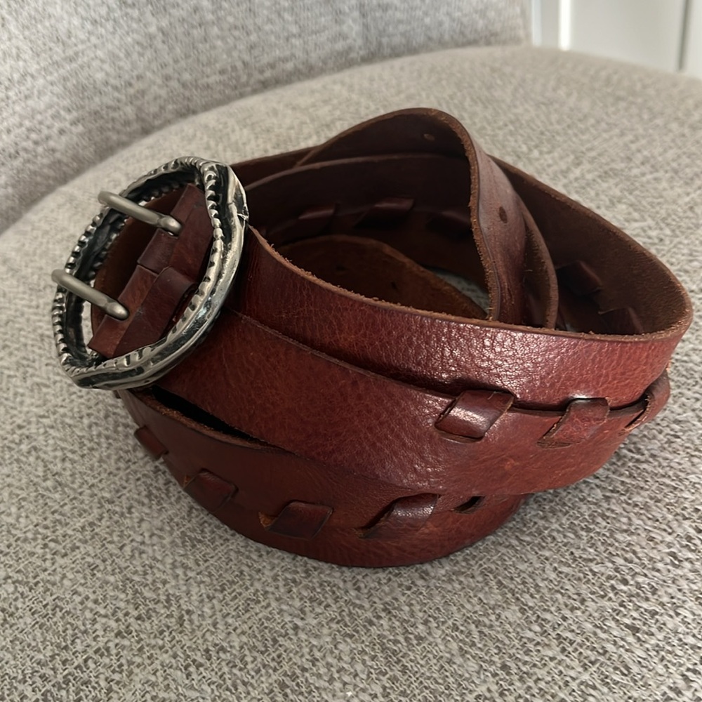 Western brown leather belt braid center double Silvertone round buckle 43” - Picture 2 of 11